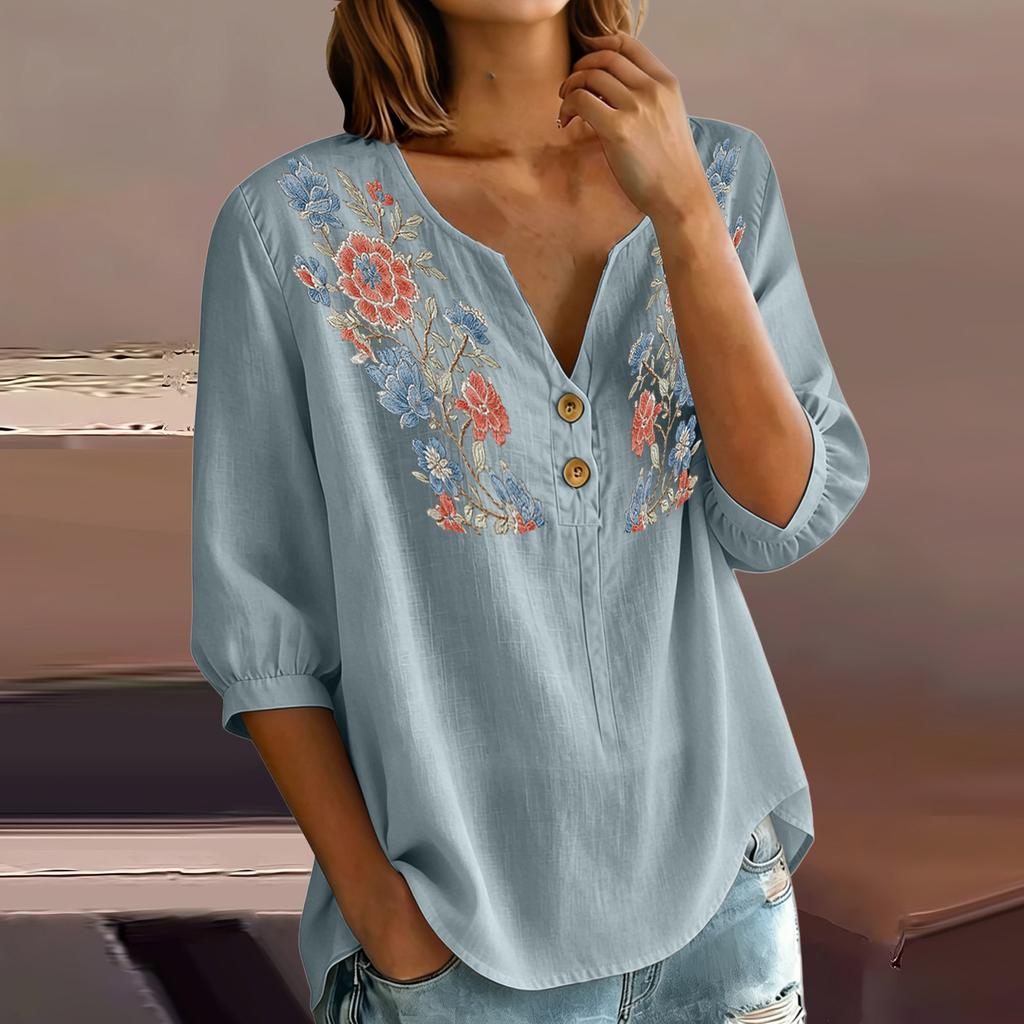 Women Floral Pattern Henley Button Neck Shirt Three Quarter Sleeve Loose Fit Linen Cotton Blouse Casual Top for Daily Wear