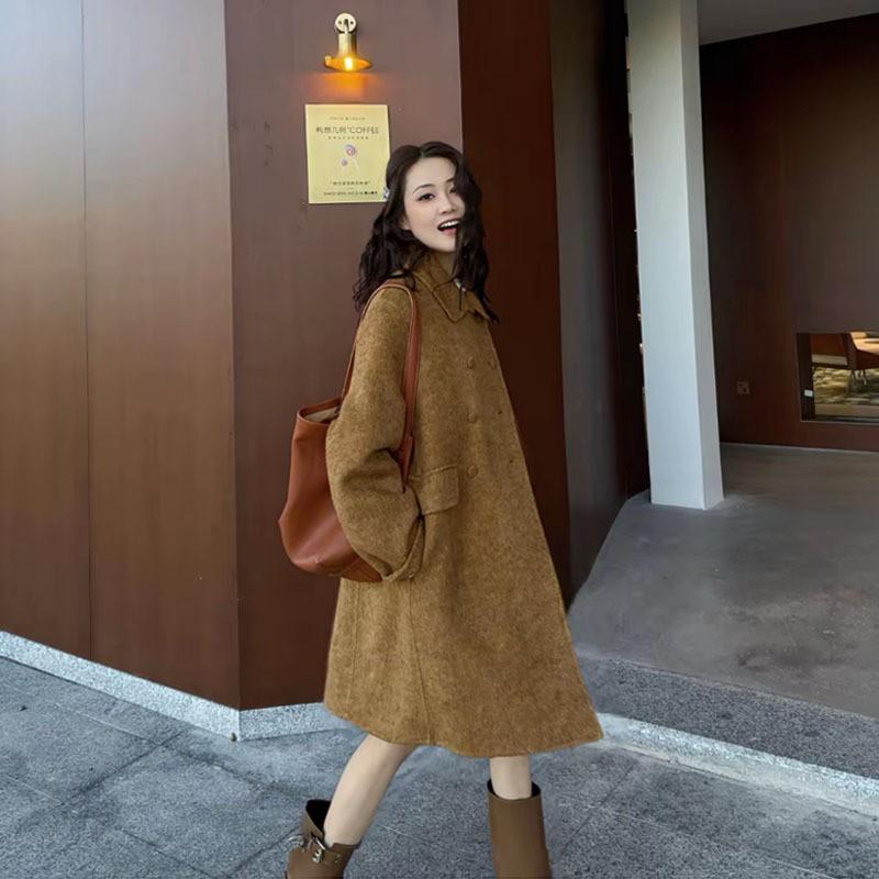 Womens Wool Blend A-Line Double-Breasted Coat Mid-Length Winter 2026 Elegant Casual Outerwear