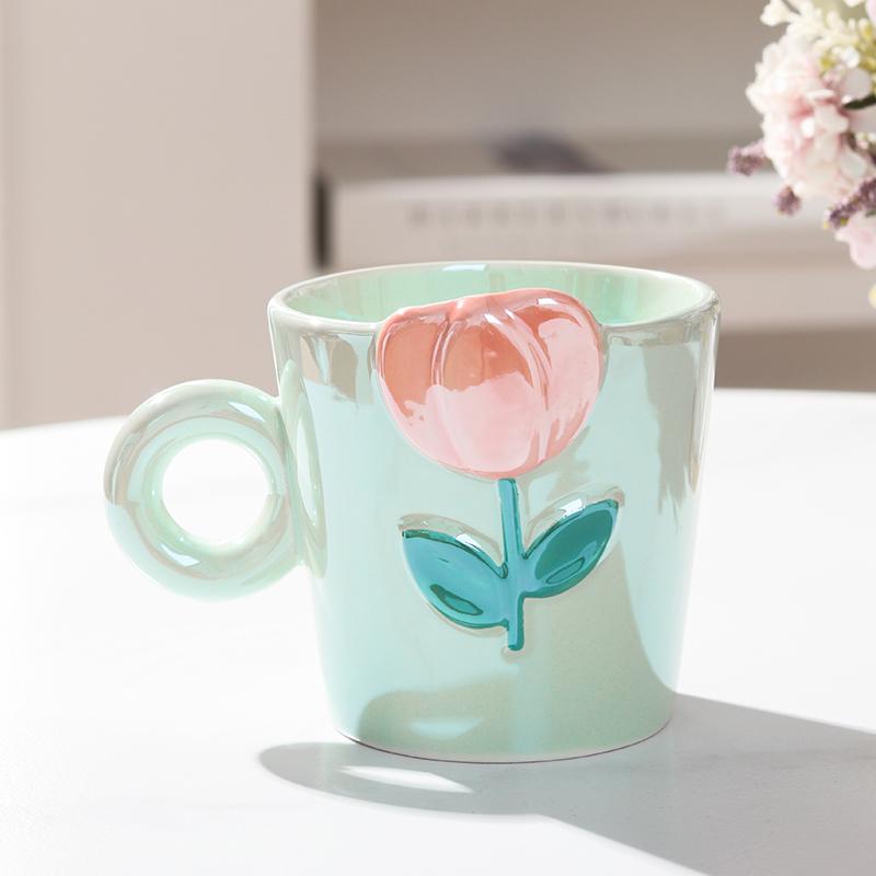 

Творческий цветок керамическая кружка перламутровый тюльпан кофейная кружка красивая чашка для завтрака чашка для напитков бытовая пара чашки для воды 350ML