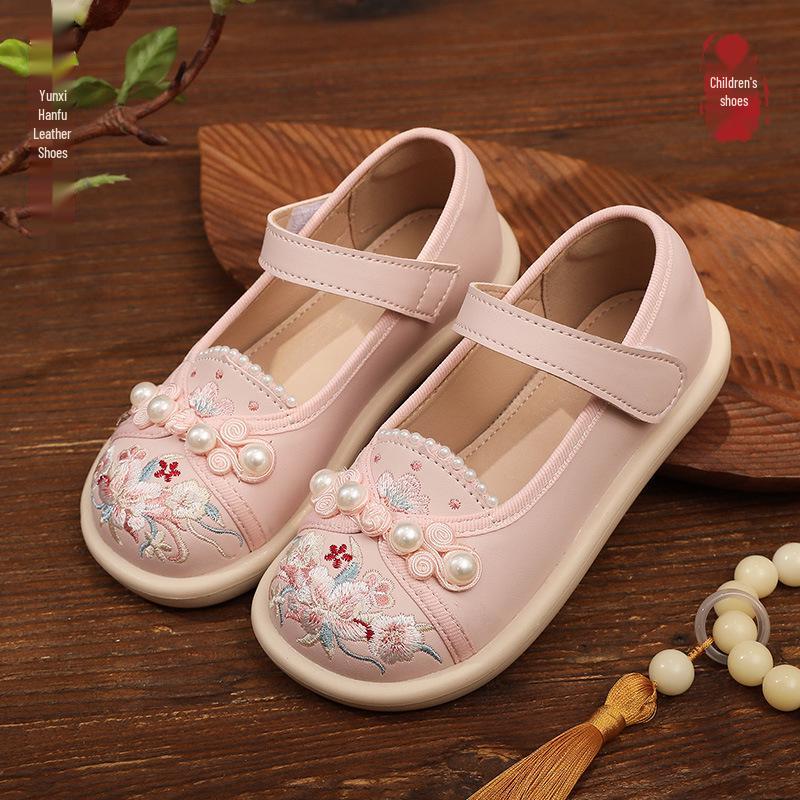 Embroidered Green Hanfu Shoes for Girls with Pearls - Traditional Chinese Style Children's Cloth Shoes