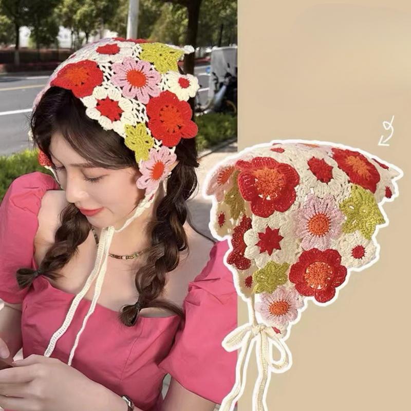 Gestricktes Dreieckstuch aus Spitze Bandana Vintage Häkel-Bandana Damen Blumenschal Stirnband Hut Reise Foto Stirnband