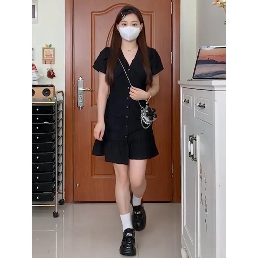 

Fashion summer new pleated doll collar dress women s summer small temperament shows high short small black dress XL- (recommended 110-60kg)