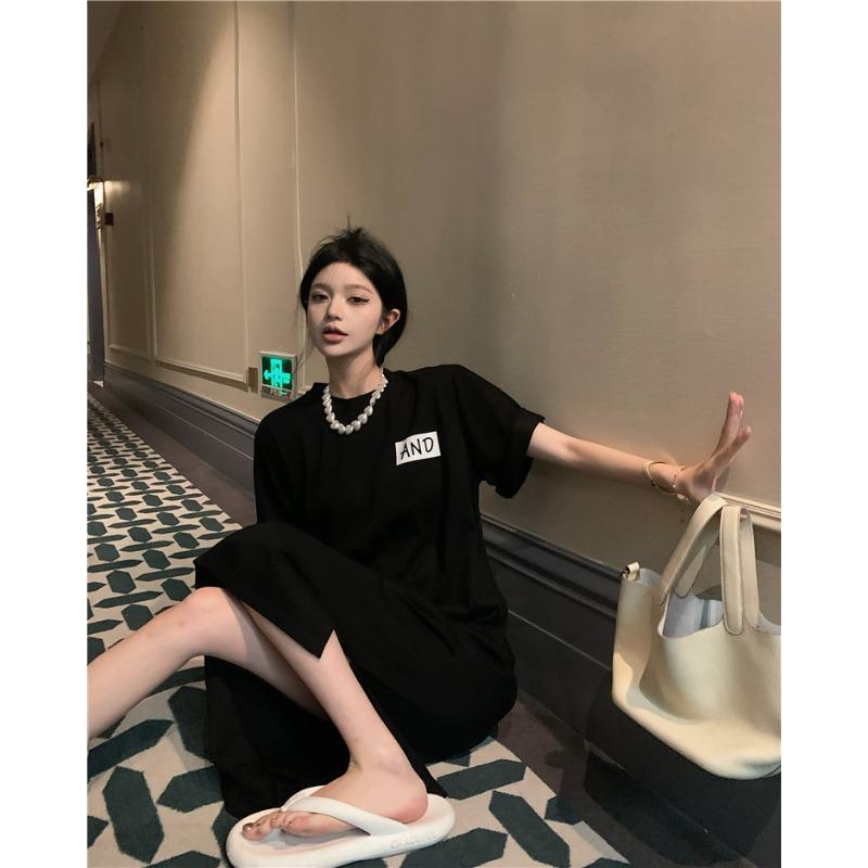 Chic Printed T-shirt Dress Women's Summer Loose Split Mid-length Plus Size Dress