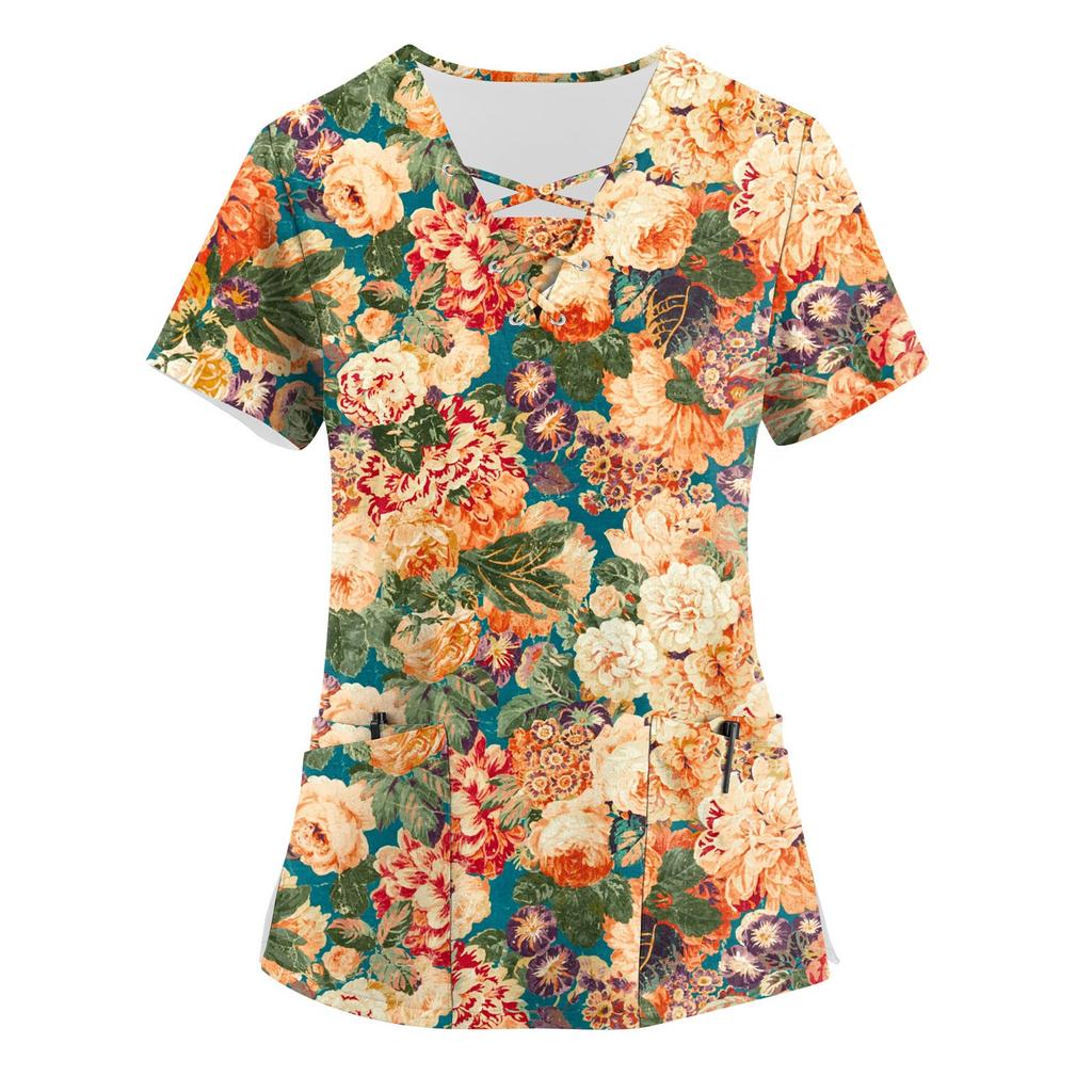 Women's Printing Short Sleeve V-neck Tops Working Pocket Blouse