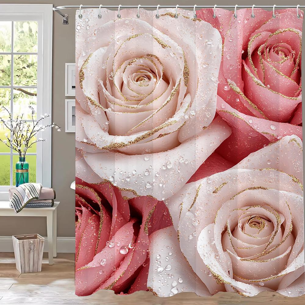 Pink Flower Shower Curtain For Women Bridal Wedding, Pink Flowers Romantic Suitable For Girls Hanging Curtain With Hooks