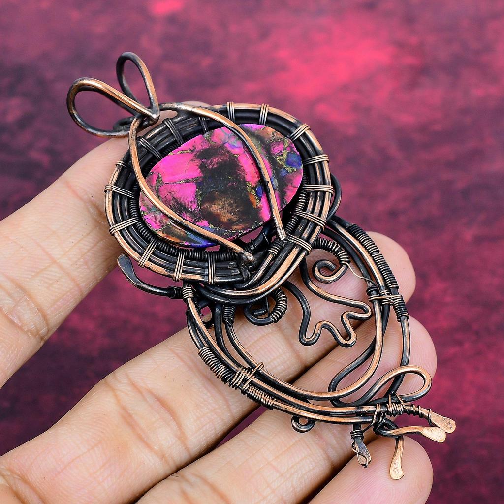 Natural Kingman Pink Dahlia Turquoise Pendant Gemstone Copper Wire Wrapped Jewelry