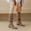 Krazing Pot Cow Suede Autumn Winter Shoes Round Toe Metal Buckle Big Size 42 Thick Med Heels Slip On Western Boots Women Knee Boots