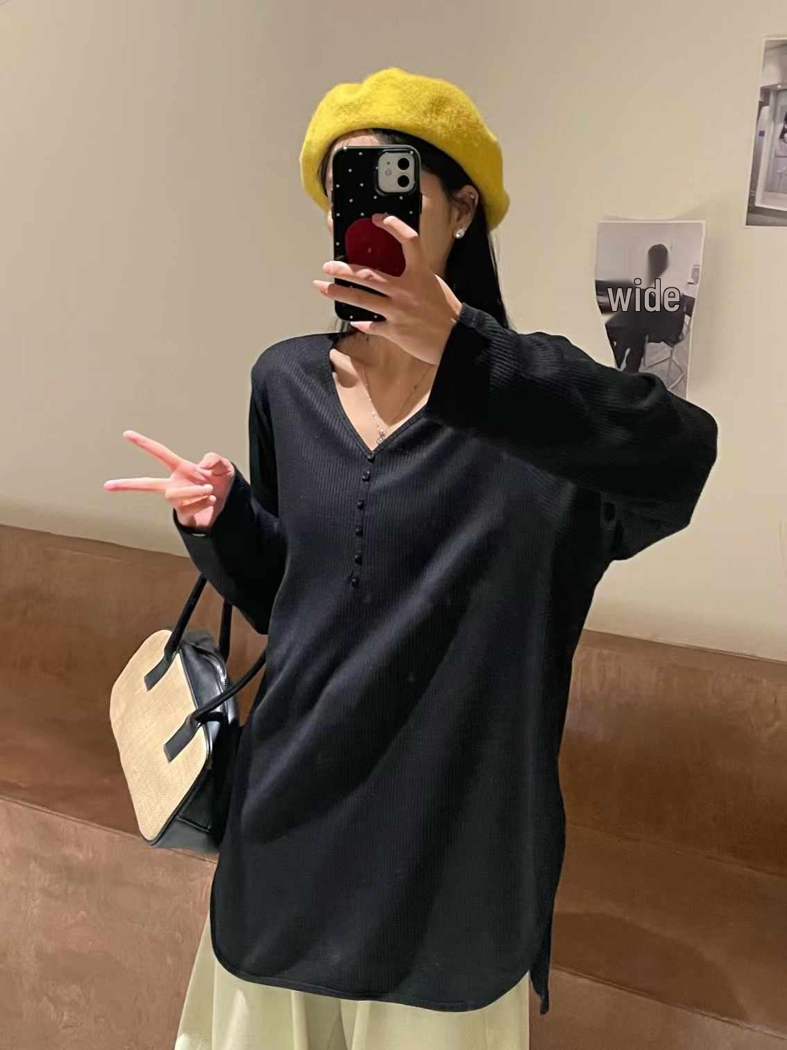 

Da 7 Женская весенняя 32018 Корейский стиль Свободный Большого размера V-образный вырез Длинный рукав Рубчатая футболка One Size