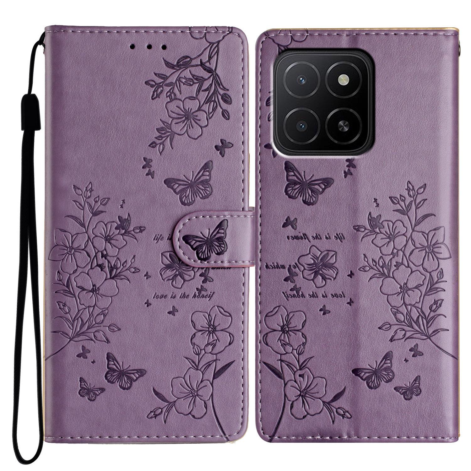 

For Honor X6c 4G Wallet Phone Case Butterfly Floral Imprint Leather Flip Cover with Strap Purple