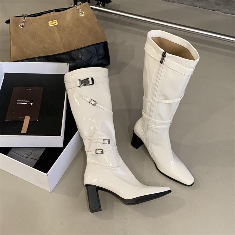 

Mi Ting white boots autumn and winter new European and American high-heeled knight boots pointed thick heel belt buckle high boots thin boots 39