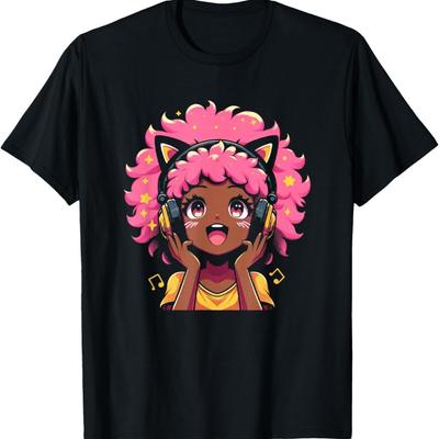 Anime and Music Black Girl Anime Merch Afro African American T-Shirt(12)