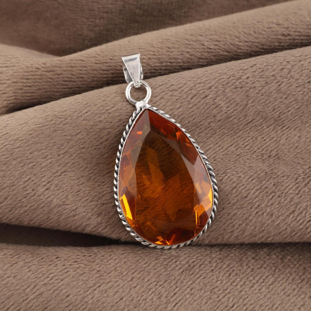 Natural Citrine Gemstone Silver Pendant 1.8" , 925 Sterling Silver Jewelry, Handmade Women's Pendant For Gift PP-65-10