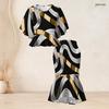 Women Plus Size Red Orange Black Printed Round Neck Batwing Sleeve Ruffle Hem Top Fishtail Skirt Two Piece Set