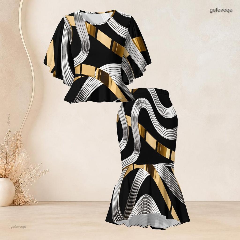 Women Plus Size Red Orange Black Printed Round Neck Batwing Sleeve Ruffle Hem Top Fishtail Skirt Two Piece Set