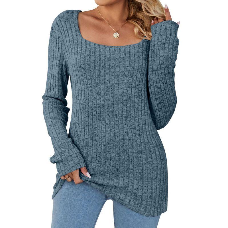 

2023 Cross-Border Women s Clothing New Arrival Tops Amazon Fall and Winter Square Collar Sunken Stripe Brushed Casual Long Version Fashion Blue S