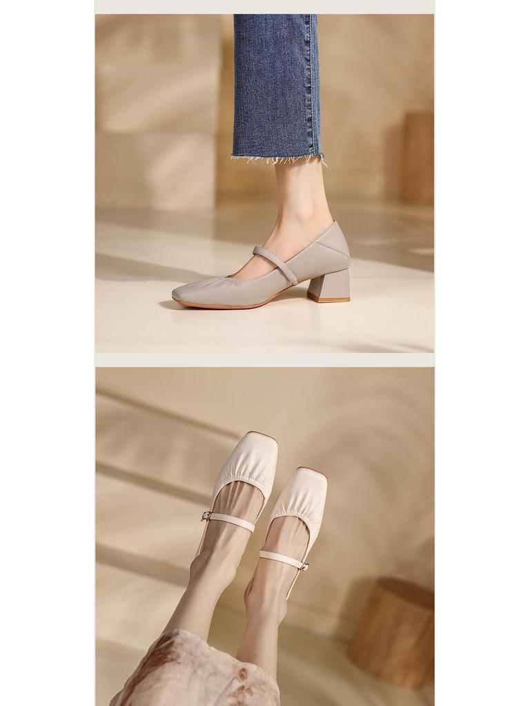 BEIJIANI Mary Jane na grubym obcasie ze skóry owczej - Damskie miękkie skórzane buty z jednym paskiem