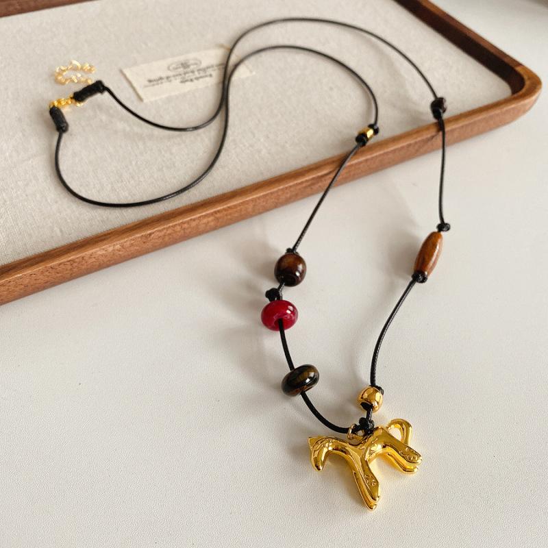 Resin Tiger s Eye Stone Wood Beads Beaded Pony Pendant Sweater Chain Vacation Style Versatile Necklace