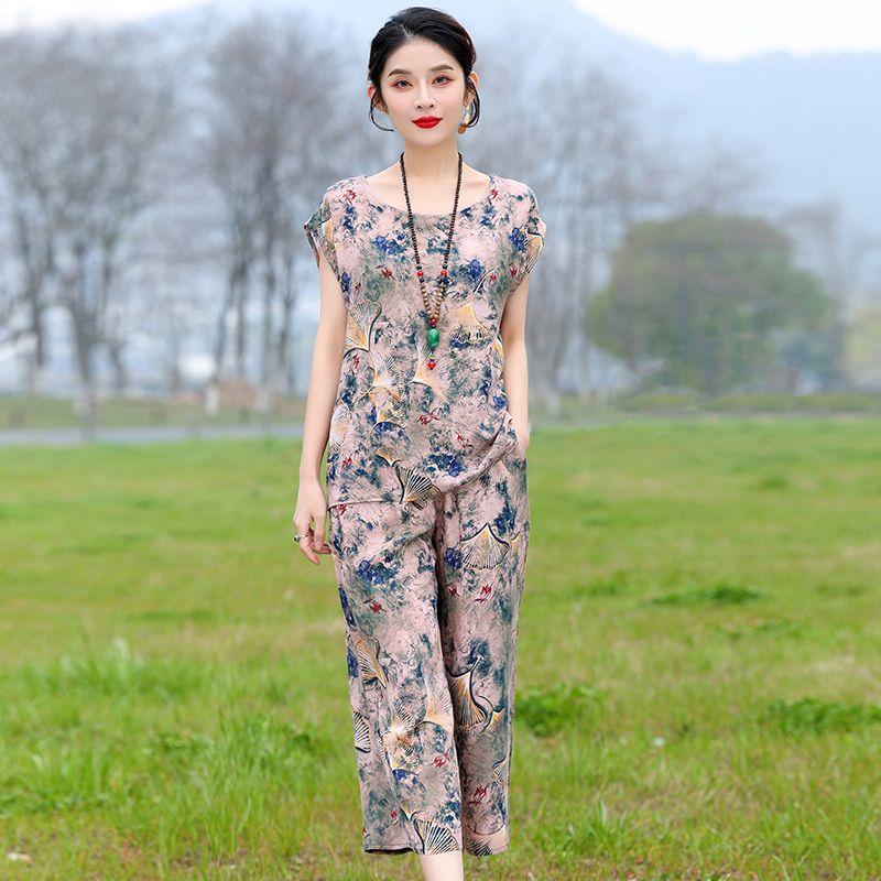 Cotton Silk Two Piece Set Womens Summer Outfit Loose Short Sleeve T-shirt and Pants Casual Trendy Plus Size