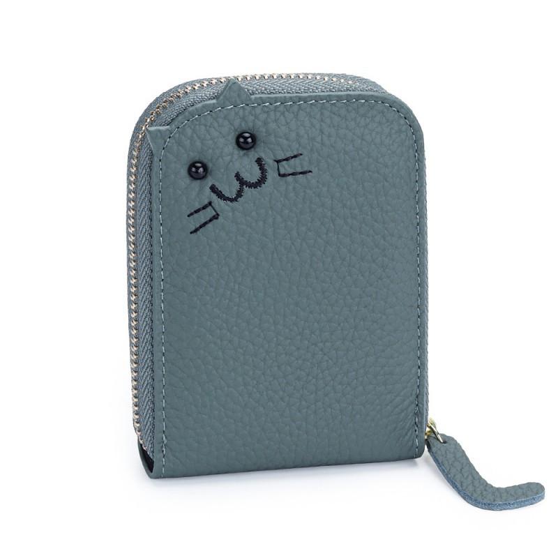 

First Layer Cowhide Women s Cute Small Card Bag Fashionable Embroidered Cat Change Purse Holder Large Capacity Multiple Slots 11x8x2cm