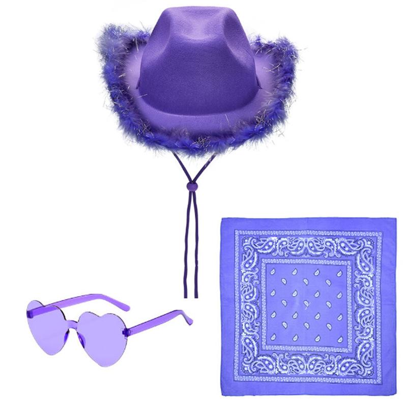 Feather Edge Letter Cowboy Hat Sequins Pink Western Rough Edge Cowboy Hat Glasses Square Towel Three-piece Set