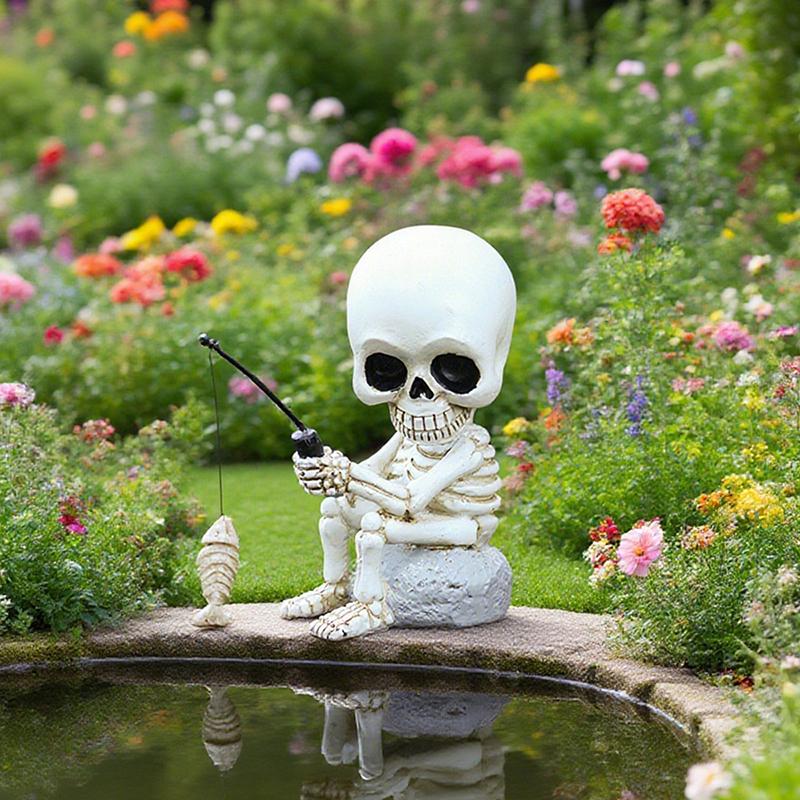 Fishing Skeleton Statue Halloween Decorations, Cute Sitting Skull Figurine Shelf Sitter Resin Sculpture For Outdoor Garden Yard