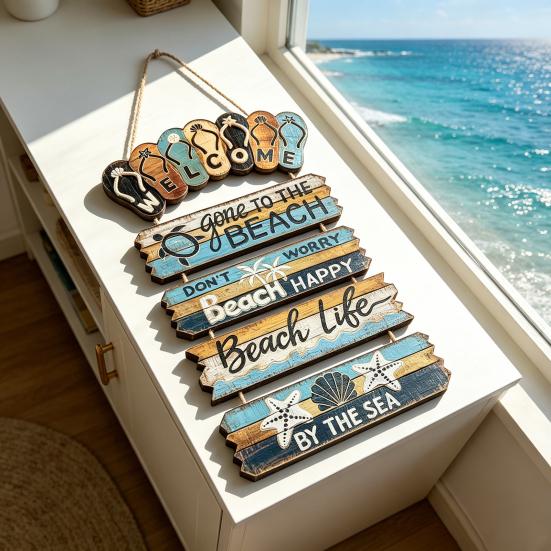 Wood Flip Flop Beach Sign, Hanging Coastal Welcome Door Sign, Vintage Rustic Farmhouse Wall Plaque for Front Door, Porch, Balcony, Summer Decor