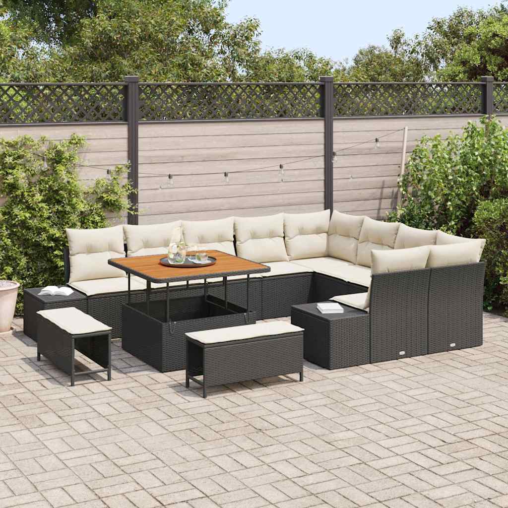 Garden Sofa Set with Cushions 12 pcs Black Poly Rattan
