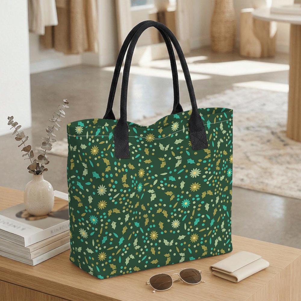  Green Floral Print Canvas Tote Bag Daily Use Casual Shoulder Bag for Women Lightweight Handbag