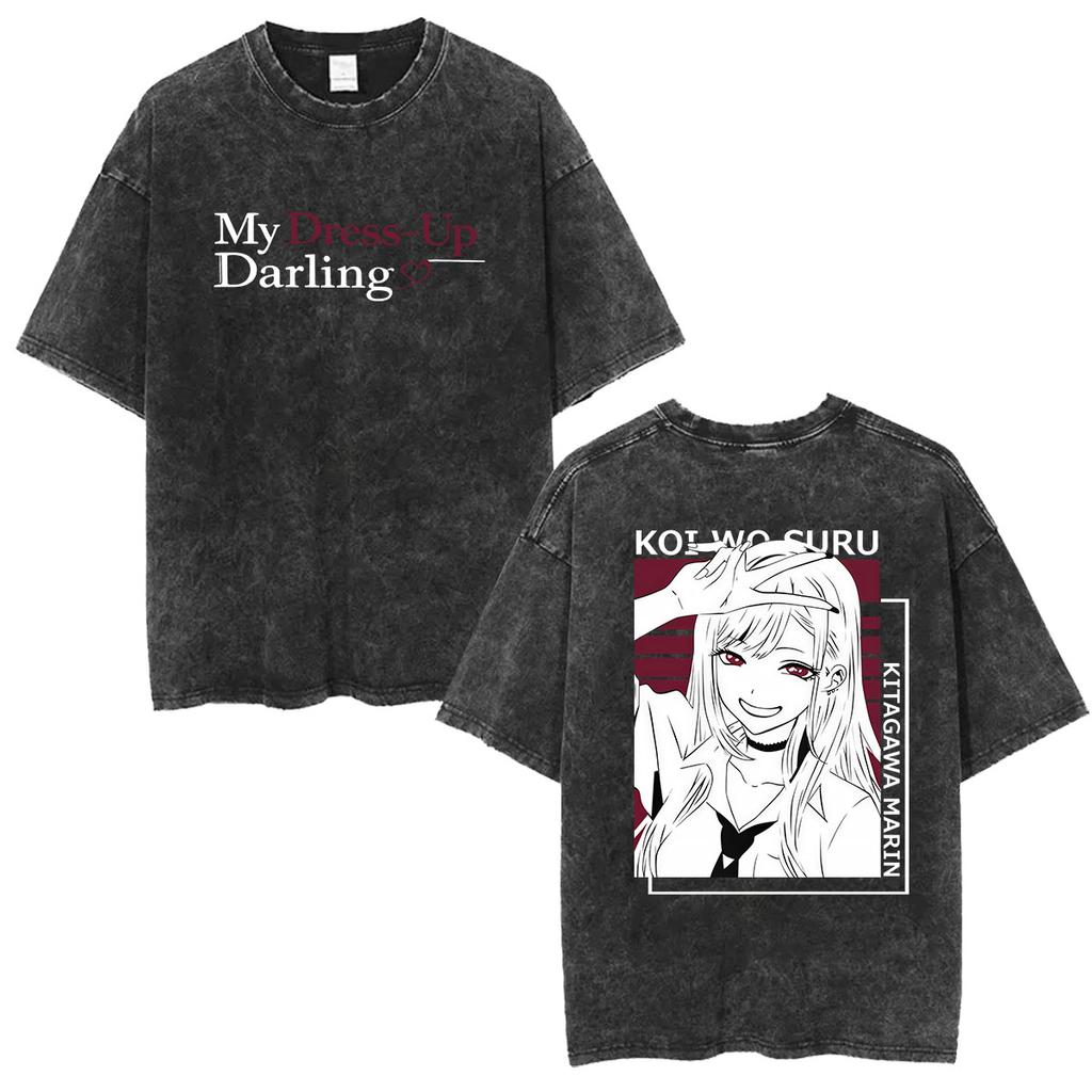 Japanese Anime Marin Kitagawa My Dress Up Darling Vintage Washed T Shirts Men Women Harajuku Oversized Cotton Tshirt Streetwear