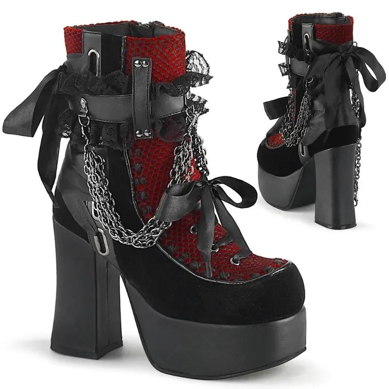 Fashion Bowknot Ankle Boots Women Gothic Vintage Round Parker Square Heel Platform Flat Boots Punk Ladies Party Shoes