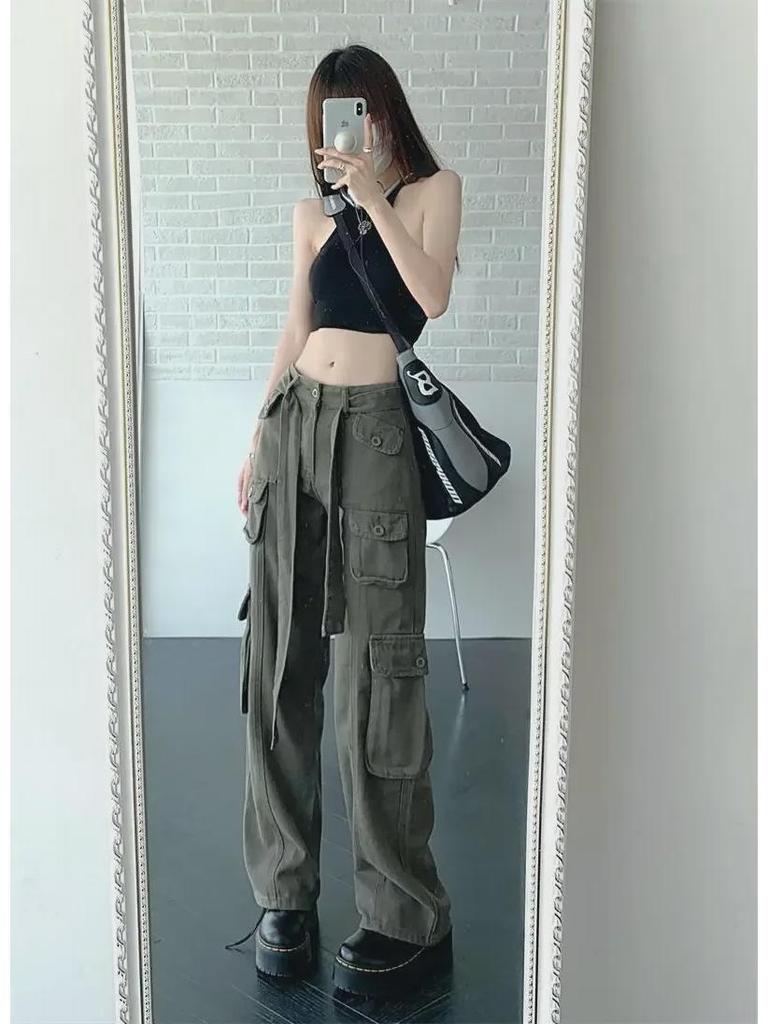2024 Women's Retro Multi-Pocket Distressed Work Pants: Street-Style Slimming Straight Leg Long Trousers