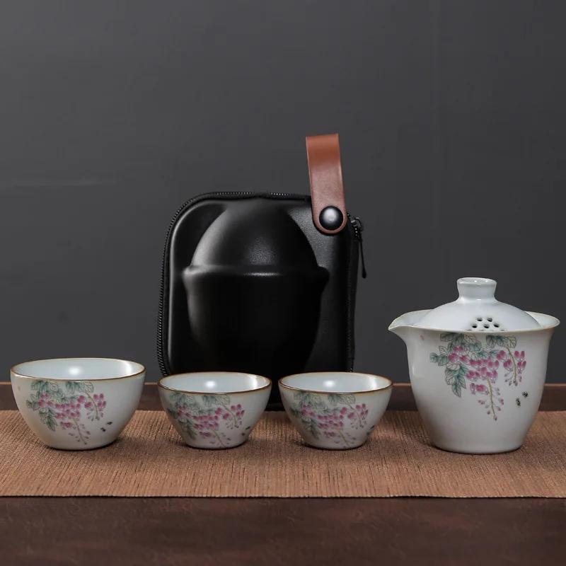 Ruyao Kuaike Cup Ceramic One Pot Three Cups, Car Mounted, Outdoor Hand Drawn, Simple Portable Bag, Travel Kung Fu Tea Set