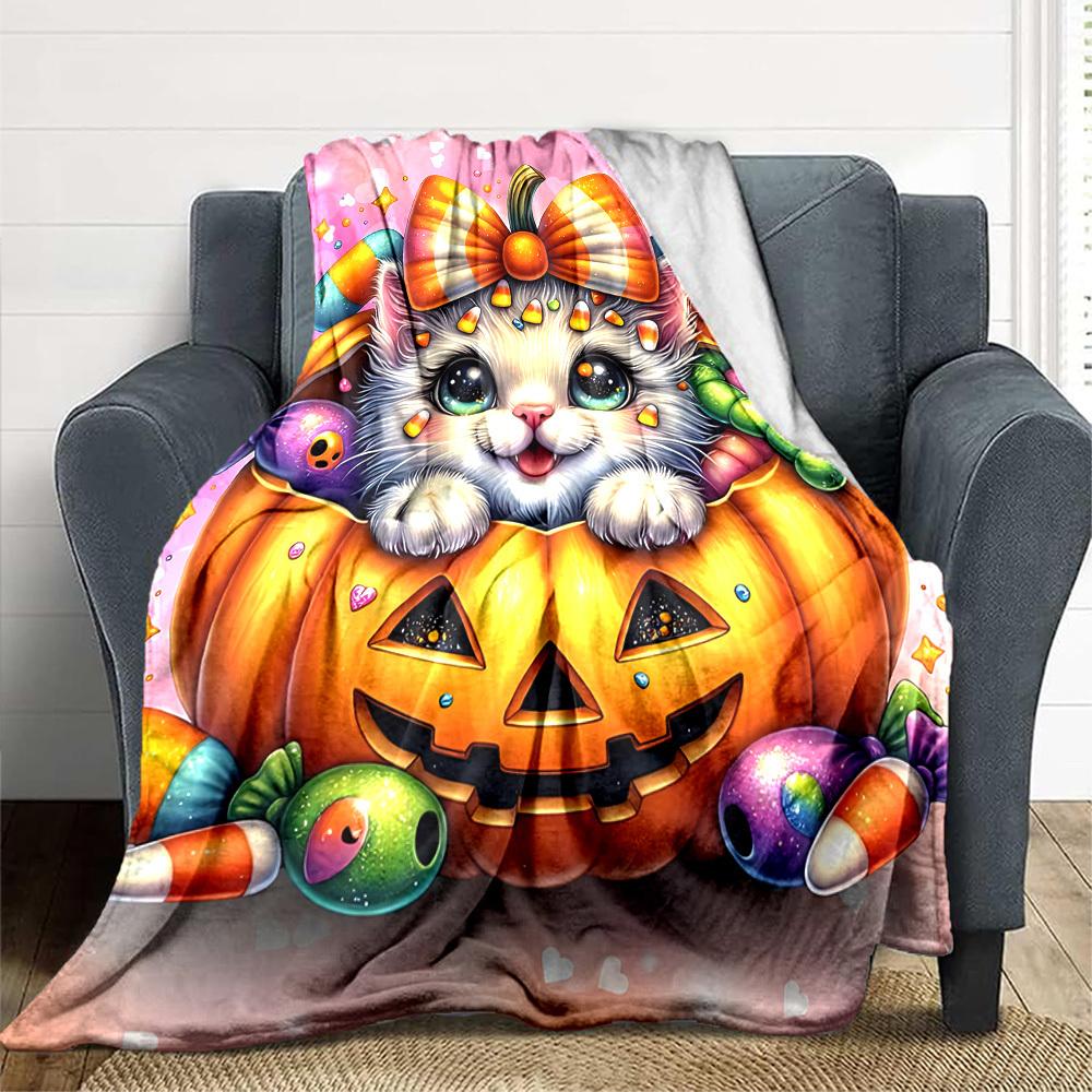 

1pc Halloween Pumpkin Cat Blanket - Lightweight Flannel Fleece with Digital Printing, Soft Warm for Sofa, Travel, Camping, Office yy251018291 75x90cm