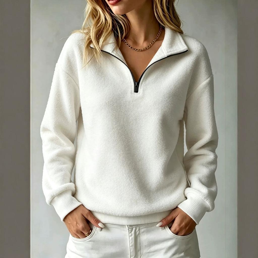 Fleece pullover zipper sweater loose casual solid color long sleeve women's top autumn and winter