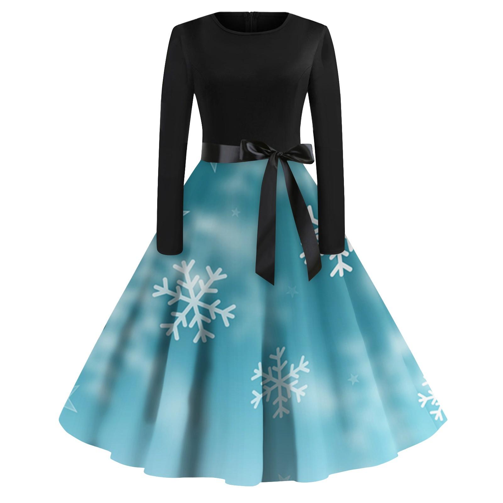 

Женская мода винтаж с длинным рукавом и круглым вырезом с рождественским принтом вечерние платья платья L