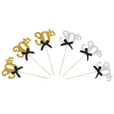 10pcs Gold Silver 30th 40th 50th 60th Years Cake Toppers Happy Birthday Party Decor Adult Anniversary Black Bow Cupcake Toppers
