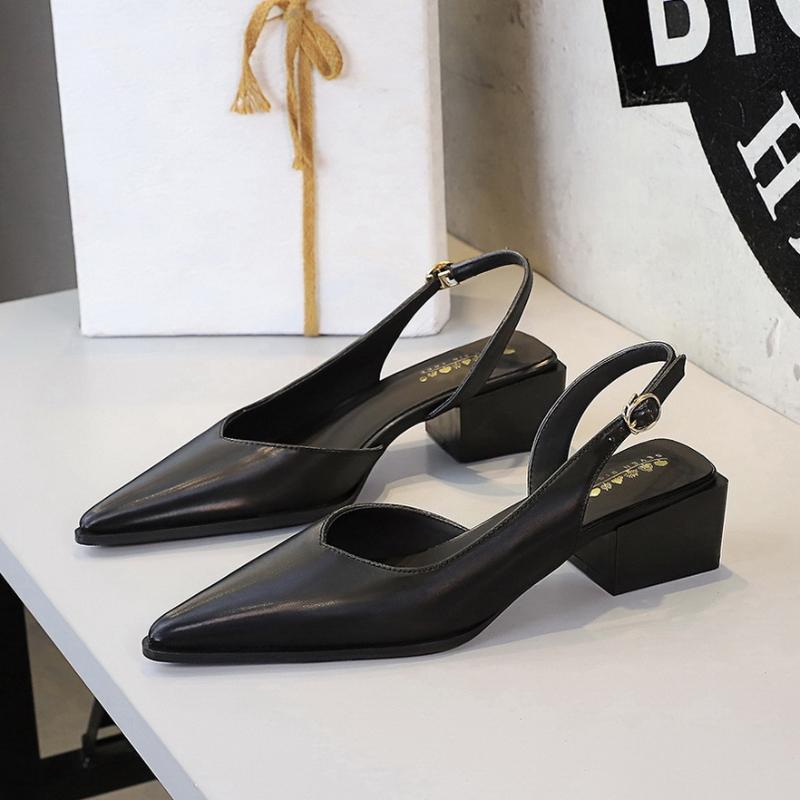Fashion Pointed Toe Back Tripod Strap With Air Quality Shallow Mouth Comfortable Thick Heel Shoes Medium Heel Simple Side Empty