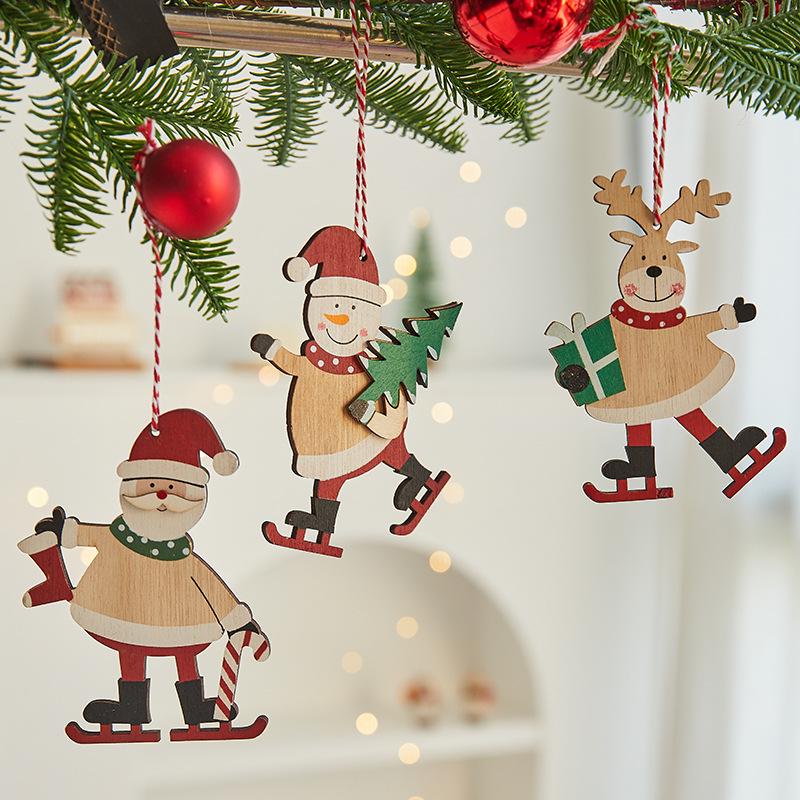 Nordic Wooden Christmas Ornaments: Cartoon Santa Claus & Snowman Pendants