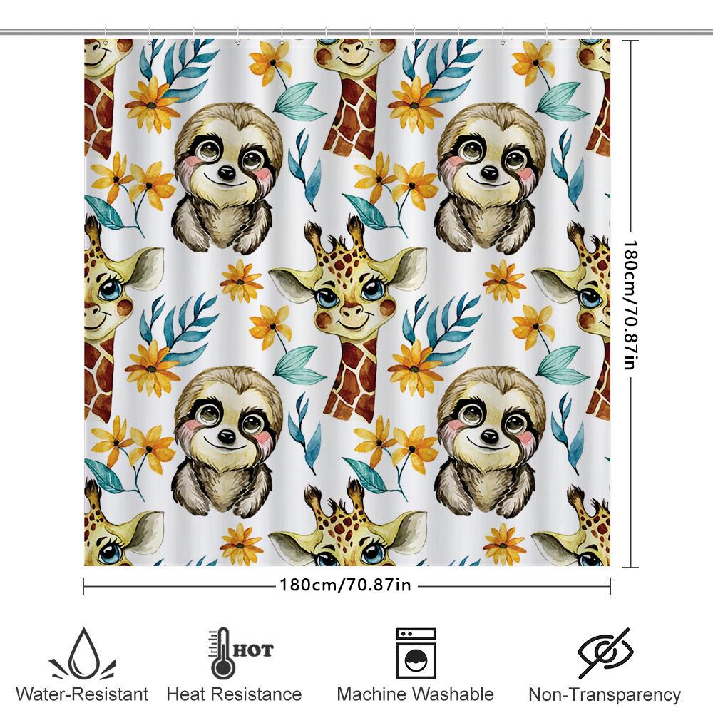 Animal Print Shower Curtain Kids Bathroom Decor Cartoon Giraffe Sloth Blue Yellow Flower Pattern Waterproof Bath Mat Set With Ri