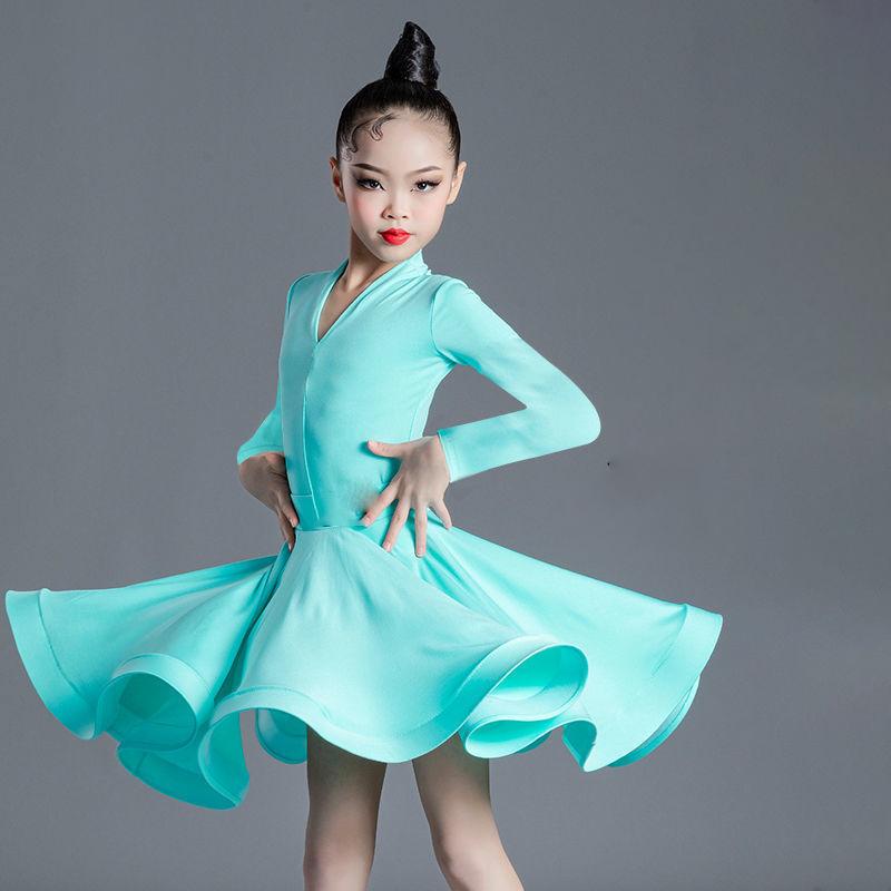 Rochie de dans latin pentru fete Rochie de dans pentru fete cu mânecă lungă și crăpătură Rochie de dans latin Îmbrăcăminte de performanță Set din două piese