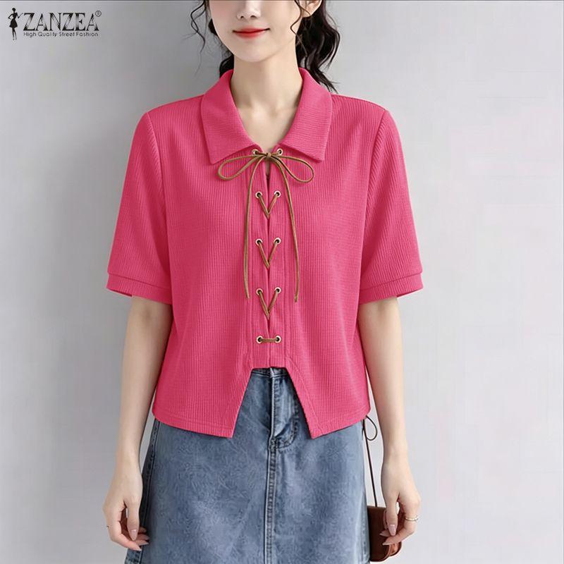 ZANZEA Women Casual Turn Down Collar Lace-up Loose Short Sleeve Blouse
