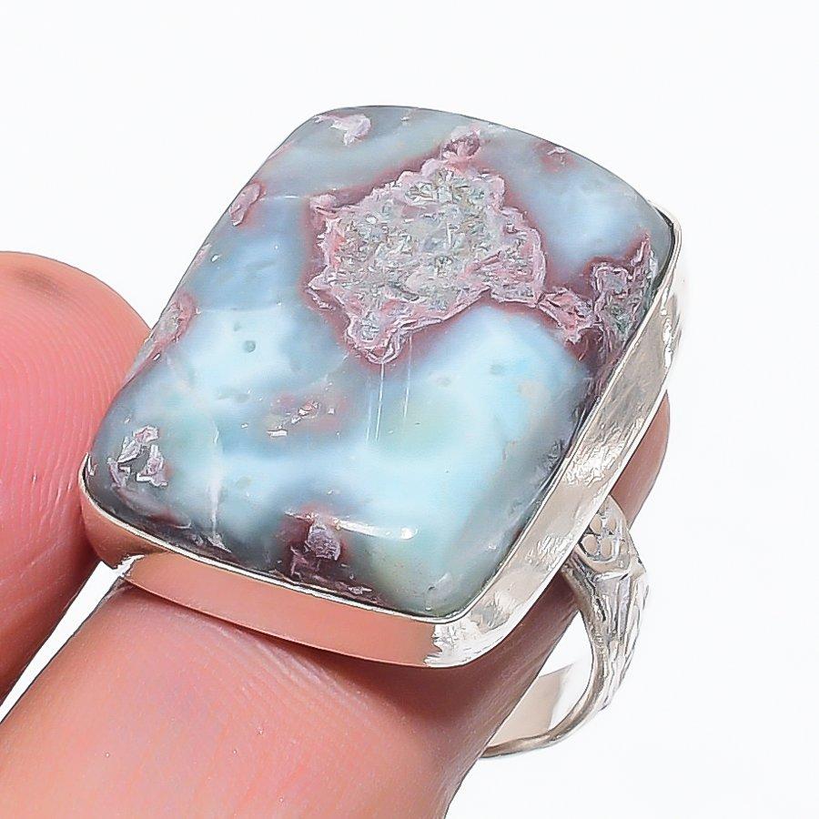 

Natural Larimar Gemstone Handmade 925 Sterling Silver Jewelry Ring Size 9 v4r55