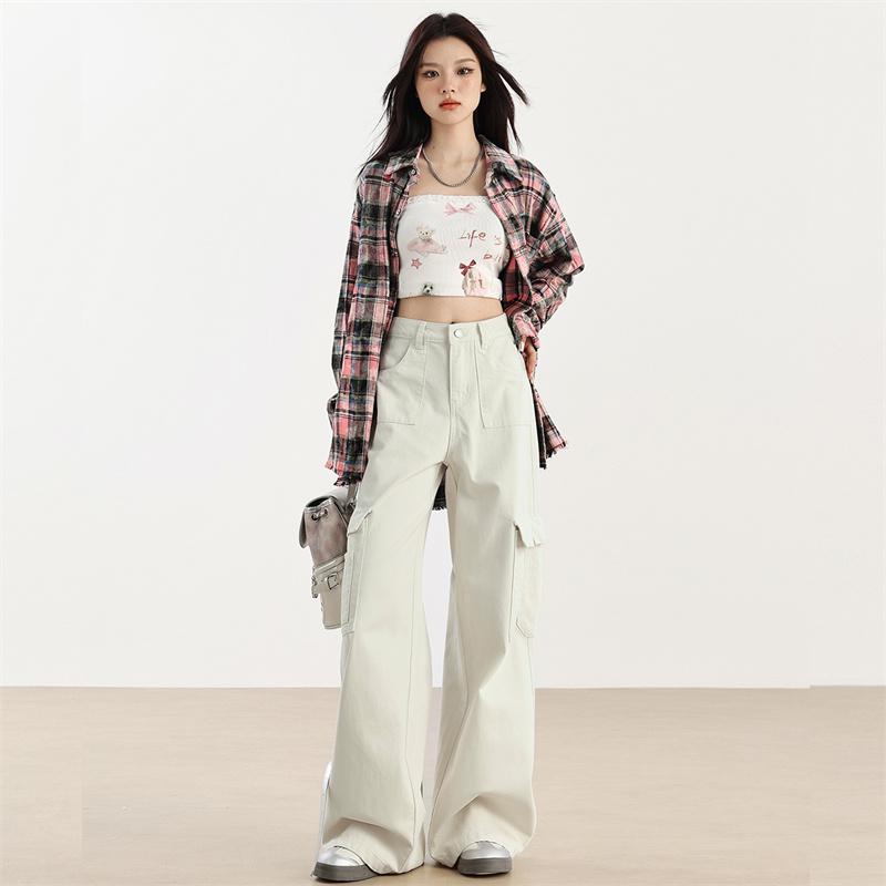 Women's Brown Velvet Wide-Leg Cargo Pants with Multi-Pockets - Spring 2025 Hiking & Casual Wear