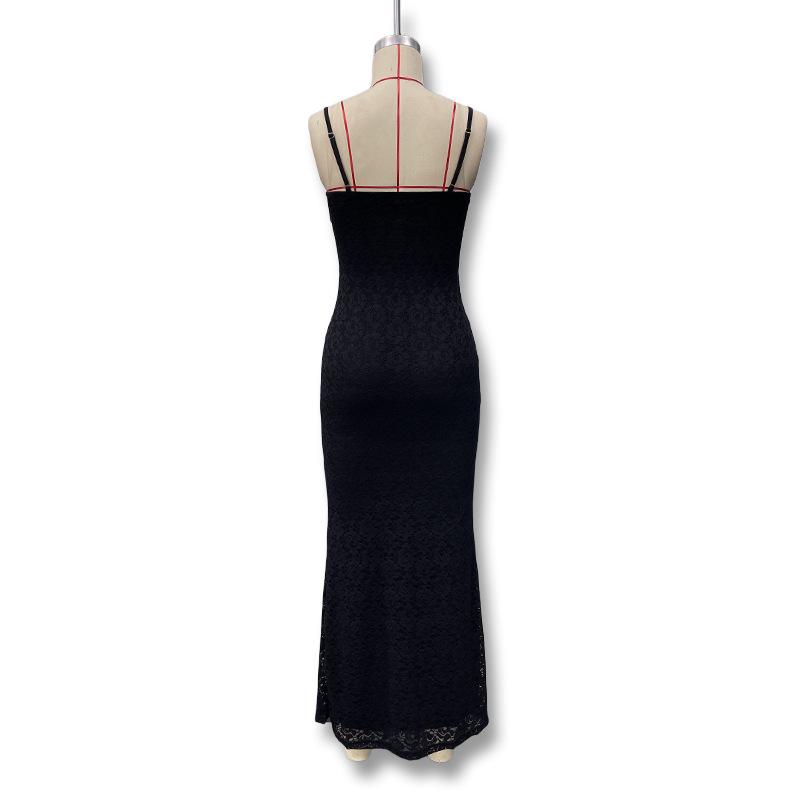 2023 Summer Women's Sexy Spaghetti Strap Lace Dress - Slim Fit, Transparent, Solid Color, Sleeveless