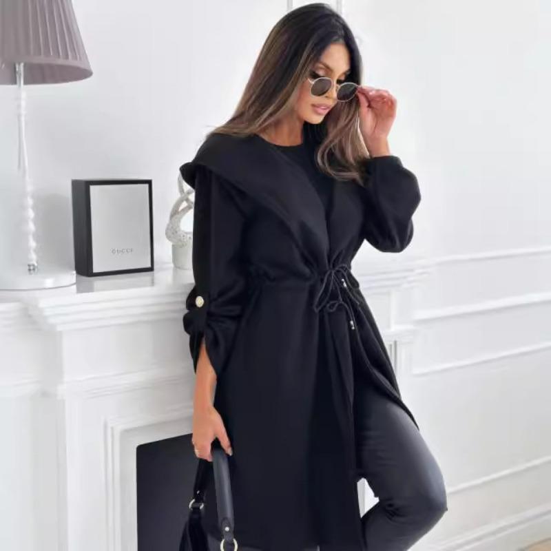 Dámský módní podzimní kabát nadměrné velikosti, šněrovací, s kapucí a klopou, vlněný, s dlouhým rukávem