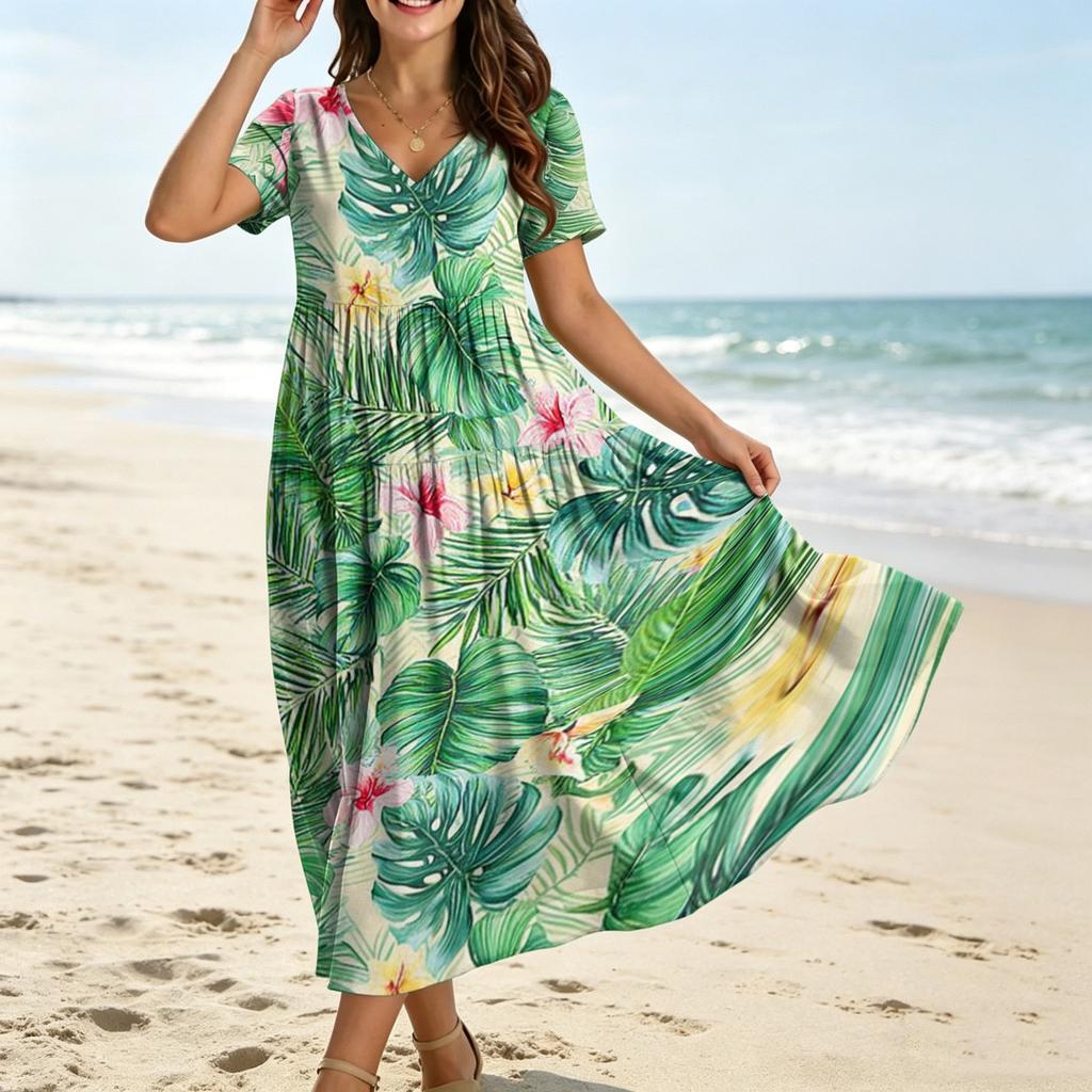 Frauen Casual Lose Bohemian Blumenkleid Kurzarm Lange Maxi Sommer Strand Swing Kleid
