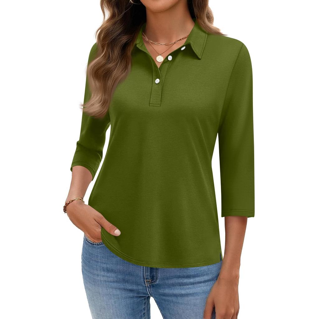 Women's Fashion Casual Lapel Short 3/4 Sleeve Color Shirt Women's Button Up Tops