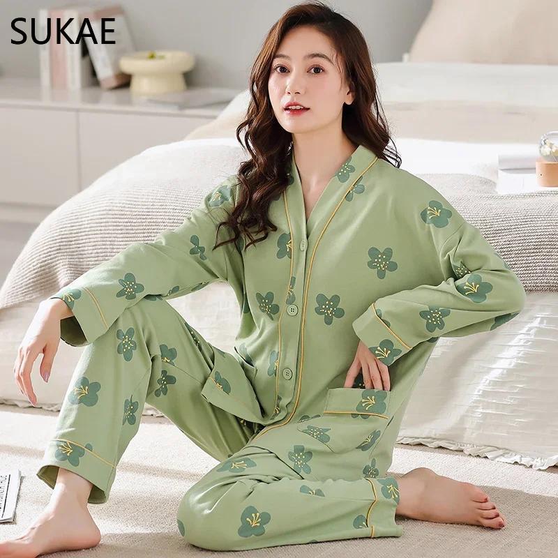 SUKAE New M-5XL Autumn Winter New Cotton Women Pajamas Lady Pijamas Set Loungewear Kimono Cardigan Long Sleeves V-neck Homesuit