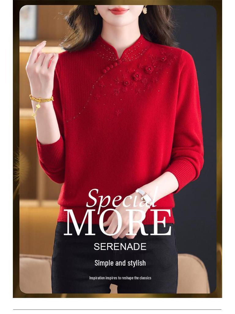 Mom's Stylish 100% Wool Winter Sweater - Elegant Chinese Design for Middle-Aged and Elderly Women