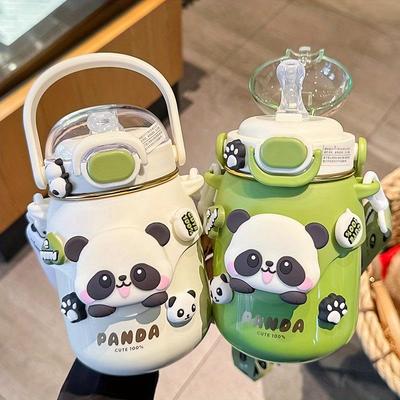 Cute Panda Insulated Water Bottle with Straw Large Capacity, Metal,Green/White Designs,Perfect for School, Halloween & Christmas Gifts, Panda Gifts